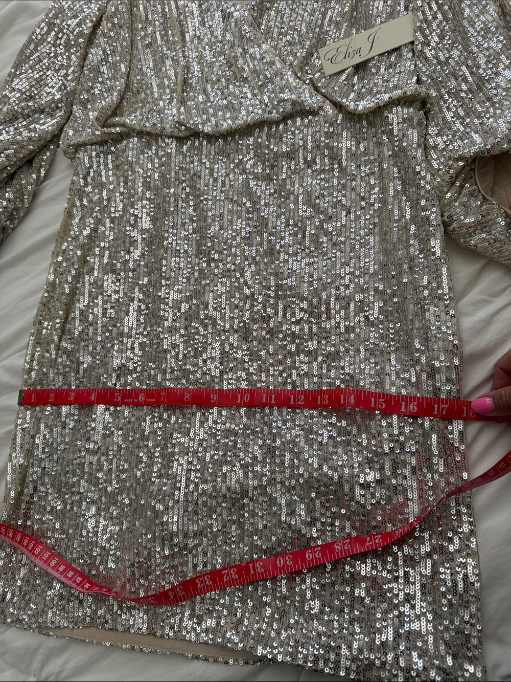Eliza J beige and silver Sequin V-Neck Mini Dress longsleeve - Picture 15 of 15